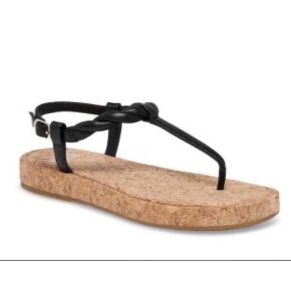PAIGE Women Black Leather Twisted T-Strap Cork Footbed Sandals Size 8.5